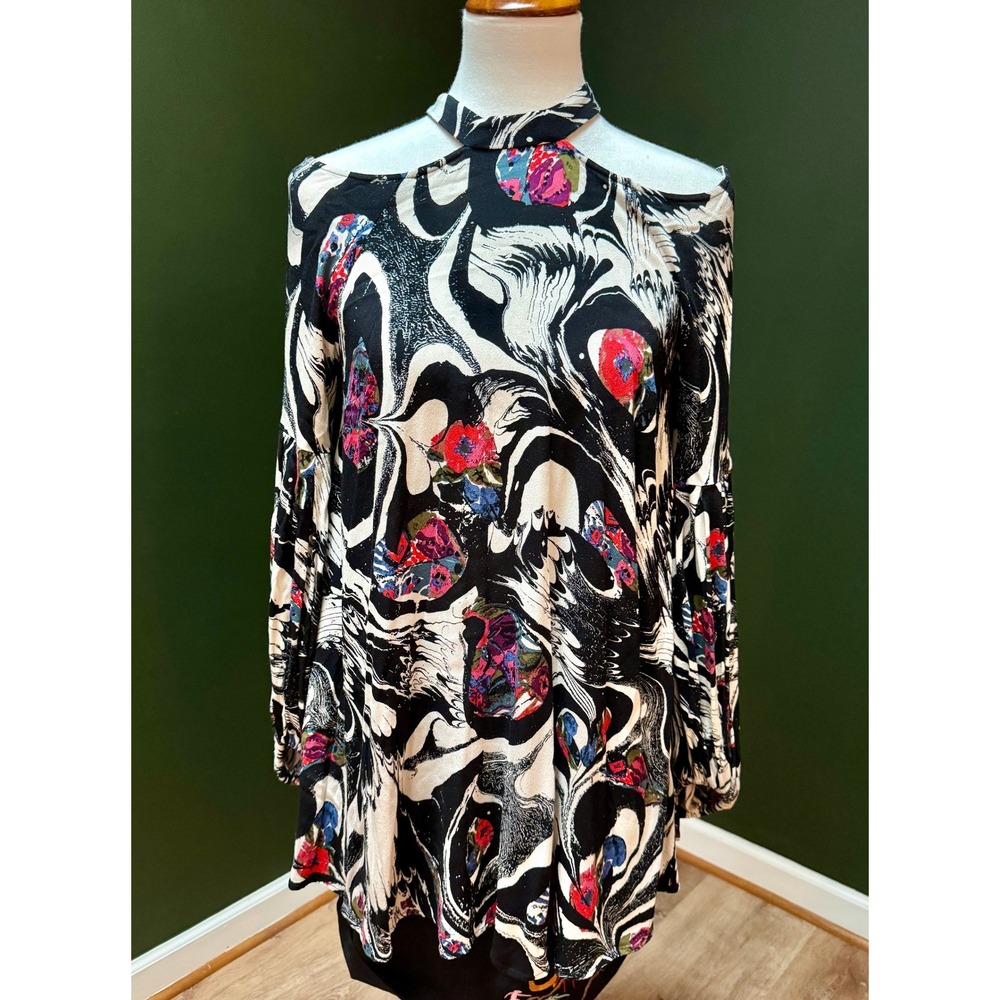Free People Floral Cold Shoulder Halter Neck Long Sleeve Tunic Top Women's XS